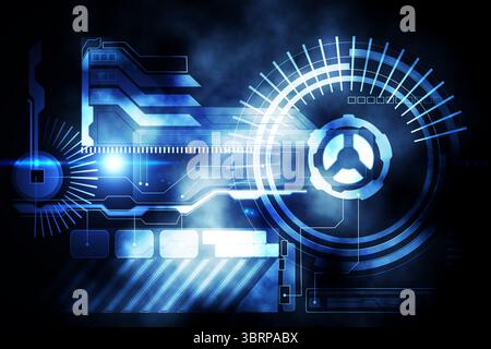 Futuristic flat digital interface is glowing over smoky backdrop, featuring circular gauge, bars Stock Photo