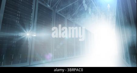 Server rack corridor is glowing with cool blue LEDs and holographic data symbols in flat design Stock Photo