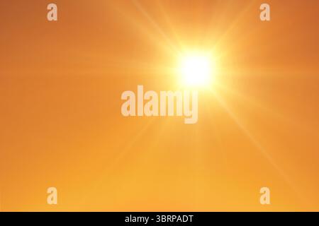 Sun is shining in flat design sky with smooth orange-to-gold gradient and starburst rays Stock Photo