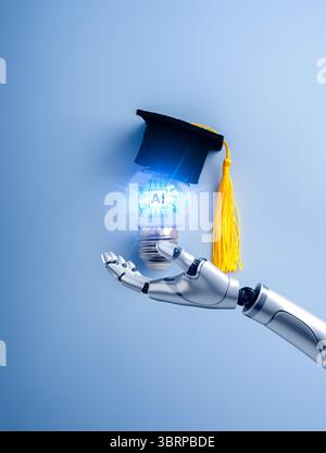 AI learning, artificial intelligence education assistant technology concept. AI chip icon glowing inside light bulb, wearing graduation hat, holding b Stock Photo