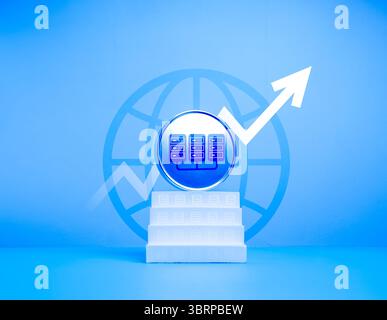 Data center growth, increased demand for digital infrastructure, and smart applications concept. Big data center icon on white stairs graph with datab Stock Photo