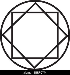 Geometric Line Art Symbol – Circle with Overlapping Squares and Star Shape Stock Vector