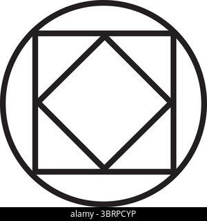 Geometric Symbol Icon – Circle with Square and Diamond Line Art Design Stock Vector