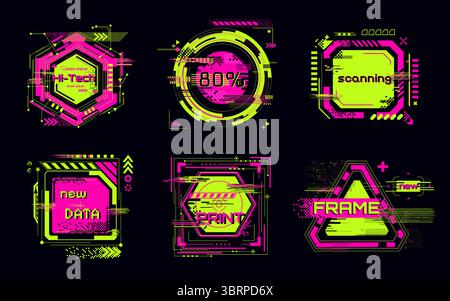 Cyberpunk glitch frame collection with neon colors - circular badge, triangular border design, hexagonal print element. Digital interface graphics for futuristic ui, tech overlays and gaming assets. Stock Vector