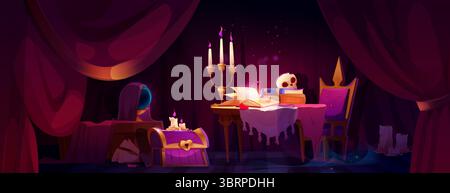 Mystical fortune teller room scene - dark purple interior with candelabra, open spellbook on draped table, treasure chest, crystal ball and magical curtains for psychic reading or wizard background. Stock Vector