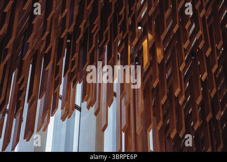 interior design view of suspended wooden beams art installing inside a modern church in Abu Dhabi, abstract design background Stock Photo