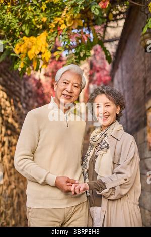 Senior couple exploring the charm of a man-made ancient town scenic spot Stock Photo