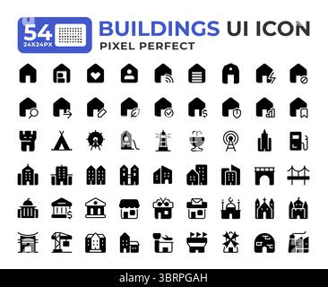 Buildings glyph ui icons set Stock Vector
