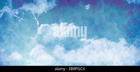 White cumulus clouds are drifting across watercolor sky with bright blue and purple overlay Stock Photo
