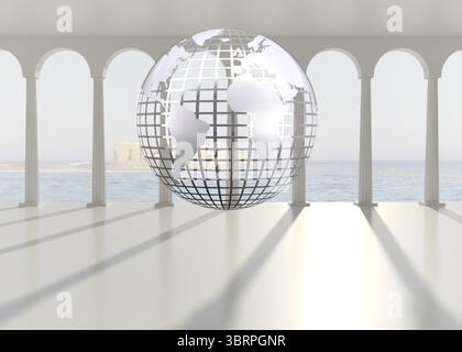 Silver globe floating in room Stock Photo