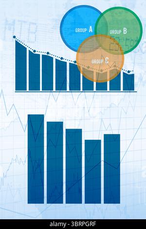 Flat data visualization showing two bar charts on blue grid with dotted line and group circles Stock Photo