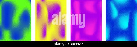 Halftone vibrant spotted backgrounds set. Rough noise grid gradient duotone design cover. Grain blur pixel overlay. Chaotic dot vertical banner. Vecto Stock Vector