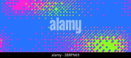 Halftone vibrant comic background. Noise colorful grid gradient design cover. Grain pixel overlay. Neon colors dots pattern horizontal banner. Vector Stock Vector