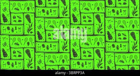 Seamless pattern of neon tennis. Sports rackets, balls and flowers with bows endless background. Surface pattern design entertainment vibrant motif. V Stock Vector