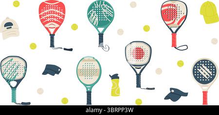 Padel tennis equipments set. Paddle rackets, visors, baseball cap and balls. Various shapes palas. Diamond, round and teardrop shapes sports accessori Stock Vector