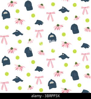 Tennis coquette seamless pattern. Balls and flowers with bows endless background. Paddle tennis game repeat cover. Surface pattern design girly sport Stock Vector