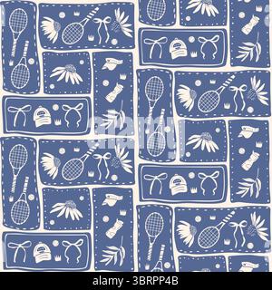 Tennis seamless pattern. Sports rackets, balls and bows endless background. Active game equipment repeat cover. Surface pattern entertainment motif. V Stock Vector