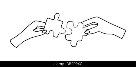 Hands connect puzzle pieces vector doodle Stock Vector