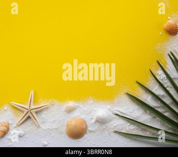 Aesthetic beach flatlay background with starfish, seashells, sand, palm leaves and blank space for copy text or photos, HD beach set up background for Stock Photo