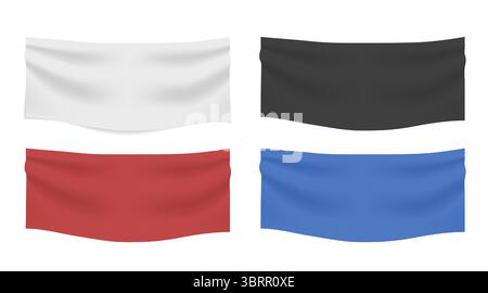 Set of hanging fabric banners in white black blue and red colors with realistic folds and texture isolated on transparent background perfect for adver Stock Vector