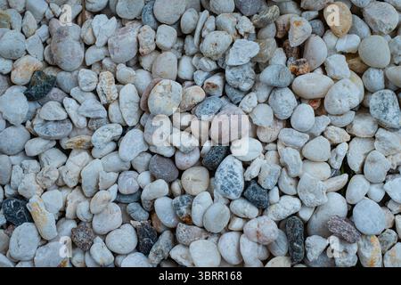 round beach pebbles create a natural stone wall texture, forming an abstract pattern of gray and white rocks Stock Photo