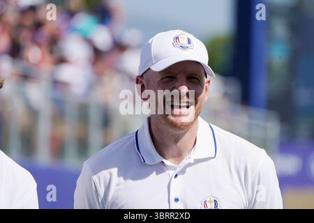 Garrett Hilbert, Dude Perfect star   playing in the celebrity The All-Star  Match  The 44th Ryder Cup Matches 27th September 2023 practice days at Marco Simone Golf and Country Club in Guidonia Montecelio,  Rome, Italy​ The 2023 Ryder Cup Celebrity All-Star Match took place on Wednesday, September 27, 2023, at Marco Simone Golf & Country Club in Rome, Italy. This exhibition event featured sports stars and entertainers competing in a friendly, seven-hole match play format.​ portrait face happy and smiling close up Stock Photo