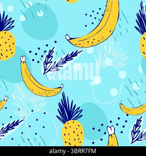 Image of bananas and pineapples on blue background Stock Photo
