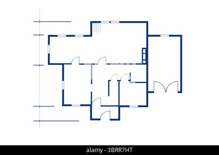 Displaying flat design floor plan showing blue walls, doors, windows, dimensions on white margins Stock Photo