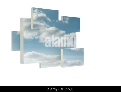 3D render showing floating panels creating fragmented sky effect on white backdrop, copy space Stock Photo