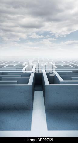 Concrete labyrinth is unfolding on smooth flat ground under overcast cloudy sky in flat design Stock Photo