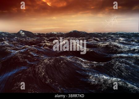 Flat design is showing rough ocean waves rising under fiery storm clouds with lightning Stock Photo