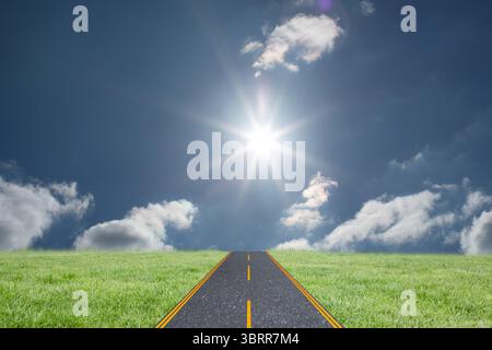 Straight asphalt road is running through flat design green meadow under bright sun and white clouds Stock Photo
