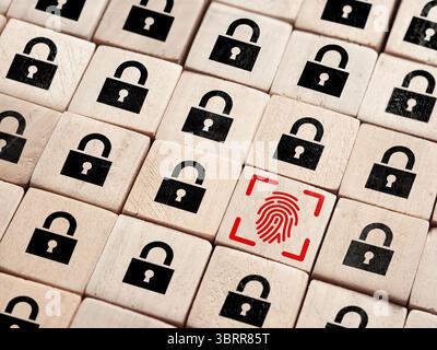 Biometric fingerprint scanner granting access among many closed padlocks representing cybersecurity and personal data protection Stock Photo
