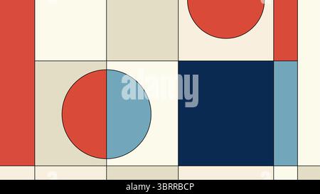 modern abstract background featuring outlined geometric shapes like circles and rectangles in red orange blue and beige. Ideal for clean visual design Stock Vector