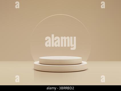 minimal 3D product display featuring a two tiered circular podium in beige with a transparent glass backdrop, ideal for showcasing branding or cosmeti Stock Vector