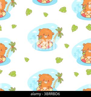 Seamless pattern with Cute bear beachgoer in relaxing on swim ring with drink on white background. Cartoon Funny summer Animal Beach kawaii character. Stock Vector