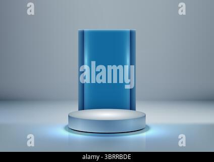 glowing light blue 3D cylindrical podium stands in a minimal grey studio with a vertical blue panel. Perfect for technology product mockups, branding, Stock Vector