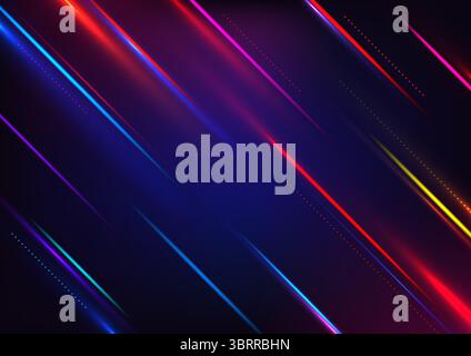 digital abstract of glowing red, blue, and yellow light trails captured in motion over a dark background, representing futuristic speed and energy for Stock Vector