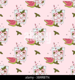 Seamless Pattern with Guava Drink with ice cubes and Mint on Pink Background with tropical Fruit slices. Summer Refreshing Cocktail with glass and str Stock Vector