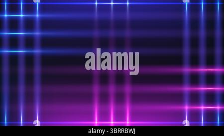 abstract glowing grid of vertical and horizontal neon lines in blue and pink creates a futuristic light effect on a dark background, ideal for tech vi Stock Vector