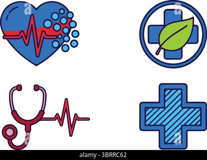 Medical icons with heart rhythm, stethoscope, green leaf cross, and blue cross on white background Stock Vector