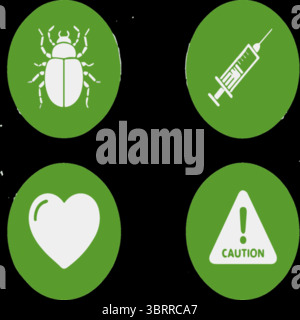 Set of concept icons: bug, syringe, heart, caution on green circular background Stock Vector