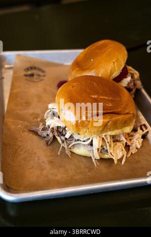 WarPigs pulled pork sandwich, WarPigs Brewpub, Meatpacking District, Copenhagen, Denmark Stock Photo