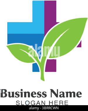 Medical cross with leaves and business name placeholder on white background Stock Vector