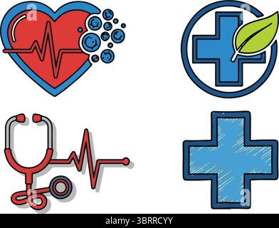 Medical icons with heart rhythm, stethoscope, green leaf cross, and blue cross on white background Stock Vector