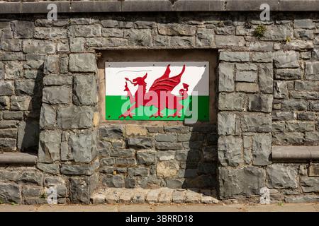 national flag of principality Wales against a slate built wall Stock Photo