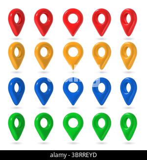 3d map pin. Multi colored plastic map push pins, red and blue, yellow and green point markers in different positions. Place position pointers vector GPS location icons. Stock Vector