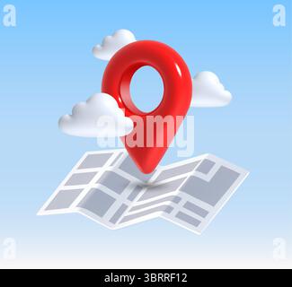 3d location red pin with map and clouds in blue sky. Realistic place marker, navigation GPS pointer. Vector travel, tourism and destination concept in 3D rendering soft style. Stock Vector