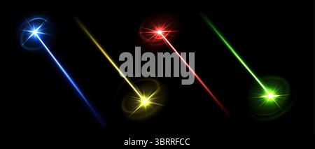 Laser beams. Red, blue and yellow, green laser light line effect with glowing sparkle. Realistic 3D colorful bright neon lazer ray, party light element isolated vector set. Stock Vector