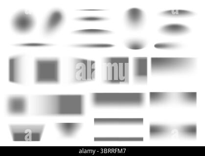 Drop shadow effect. Realistic soft grey transparent floor shadow shapes, rectangular and rounded. Square and rectangle, round and oval gradient shades. Vector isolated set. Stock Vector